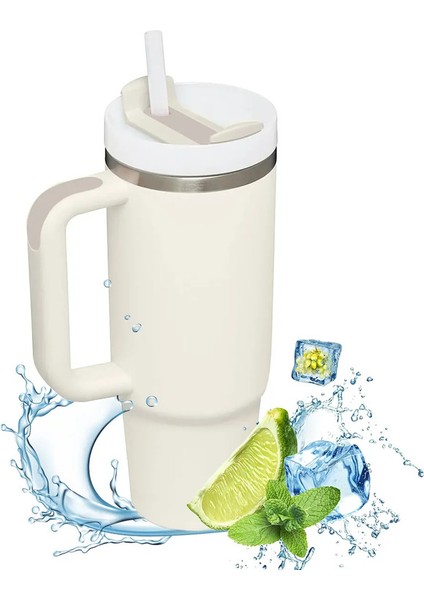 Hanlde ile Yalıtılmış Tumbler 1200ML Metal Paslanmaz Çelik Vakum Taşınabilir Saman Sıcak Kupa Sıcak ve Soğuk Kahve Için Büyük Termal Kupa: 1000-1500ML/RENK: Krem (Yurt Dışından)