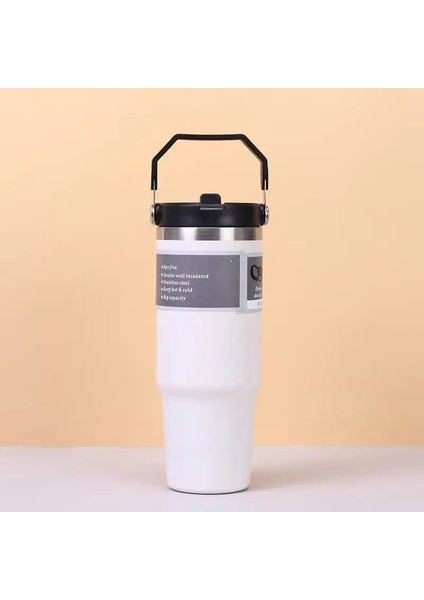 30 Oz Büyük Kapasiteli Taşınabilir Araba Dağı Paslanmaz Çelik Termos Dağı Saman Saplı Seyahat Sporu Su Şişesi Vakum Şişesi Kapasite: 801-900ML/RENK: Beyaz (Yurt Dışından)