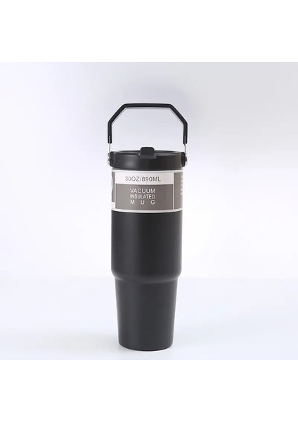 900ML Taşınabilir Araba Kupası Paslanmaz Çelik Termos Kupası Saman Seyahat Seyahat Suyu Şişesi Saplı Kapak Kahve Vakum Şişesi Kapasite: 900ML/RENK: Siyah (Yurt Dışından)