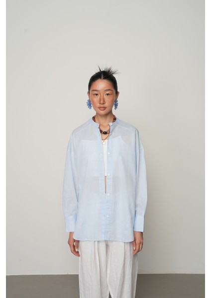 Kadın Serin Esinti Ince Çizgili Bisiklet Yaka Mavi Gömlek