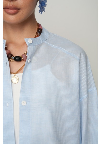 Kadın Serin Esinti Ince Çizgili Bisiklet Yaka Mavi Gömlek modelleri