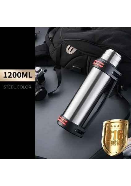 Dutrieux Ev Paslanmaz Çelik Termos Şişesi Yüksek Kapasiteli Dış Motor Dağ Tırmanma Su Şişesi Termos Kupası Kapasite: 1000-3000ML/RENK: Gümüş 1200ML (Yurt Dışından)