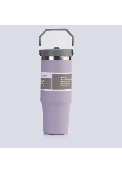 30 Oz Büyük Kapasiteli Taşınabilir Araba Dağı Paslanmaz Çelik Termos Kap Saman Saplı Seyahat Spor Su Şişesi Vakum Şişesi Kapasite: 801-900ML/RENK: Açık Mor (Yurt Dışından)