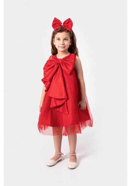 Kız Çocuk Abiye Elbise Büyük Fiyonk Detaylı Özel Gün Parti Elbisesi