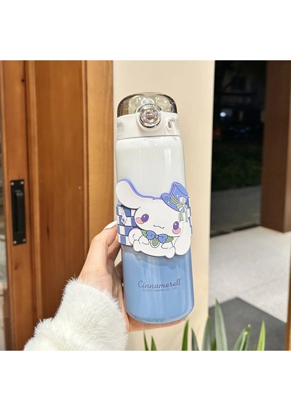 500ML Karikatür Yavru Vakum Termos Kupası Paslanmaz Çelik Yalıtımlı Şişe Kaldırma Halat Taşınabilir Açık Içme Su Kupası Kapasite: 500ML/RENK: Beyaz Mavi (Yurt Dışından)