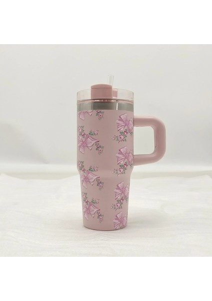 14 Oz Araba Fincanı 304 Paslanmaz Çelik Yalıtılmış Seyahat Dak Saplı Saman Kapağı ile Araç, Ofis, Hediyeler Kapasitesi Için Soğuk Alıkoyma: 1200ML/RENK: Pembe Yay (Yurt Dışından)