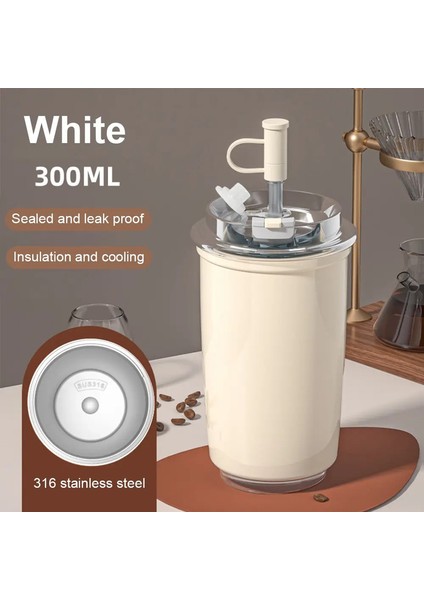 300ML Paslanmaz Çelik Kahve Kupası Saman Seyahat Yalıtım Yalıtımlı Su Şişesi Çay Kahve Kurı Sızdır Dışı Termos Kupa Bpa : 300ML/RENK: Beyaz (Yurt Dışından)