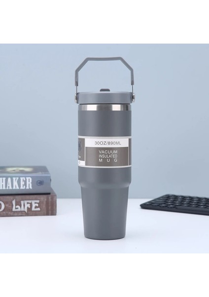 Taşınabilir Araba Kupası Paslanmaz Çelik Termos Kupası Saman Saplı Çift Duvarlı Seyahat Spor Şişesi Kahve Vakum Şişesi Kapasite: 30OZ/RENK: Gri (Yurt Dışından)