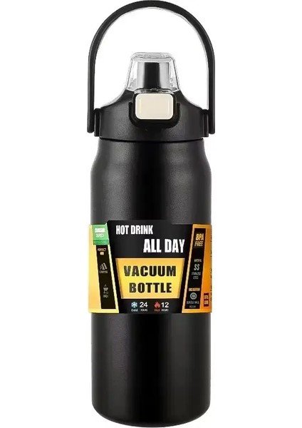 304 Paslanmaz Çelik Termal Kupa Dış Mekan Termos Taşınabilir Tumbler Vakum Şişeleri Soğuk ve Sıcak Spor Su Şişesi Saman Kapasitesi: 1000ML/RENK: Siyah (Yurt Dışından)