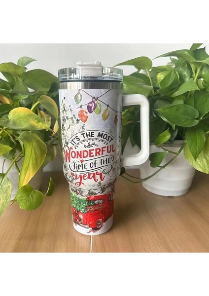 Noel Yeni Yıl Hediyesi 40OZ Portable Paslanmaz Çelik Kahve Kupası - Büyük Kapasiteli Leopar Baskı Saman Su Şişesi Kapasite: 1000-1500ML/RENK: C (Yurt Dışından)