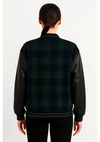 Kadın Kolej Ceket – Kareli Oduncu Kumaş, Kolları Suni Deri, Fermuarlı, Içi Kapitone Astarlı, Nakışlı Oversize Bahar & Kış Stil - Haki fiyatları