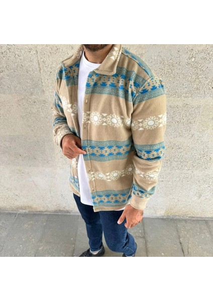 Erkek Desenli Polar Gömlek – Etnik Şerit Desen Yakalı, Uzun Kollu, Düğmeli, Oversize Rahat Kalıp - Sarı fırsatları