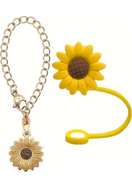 2pcs/set Ayçiçeği Şekilli Silikon Kapağı + Saman ve Fincan Sapı Dekorasyon Fincanı Için Uygun Ayçiçeği Kolye Zinciri (Yurt Dışından)