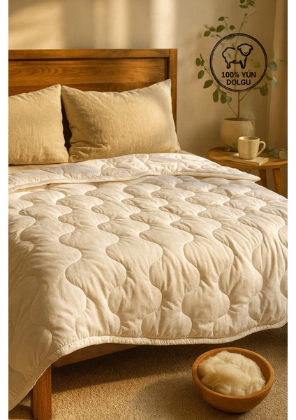 %100 Merinos Kuzu Yünü Dolgulu Tek Kişilik Yün Yorgan, 155x215 cm