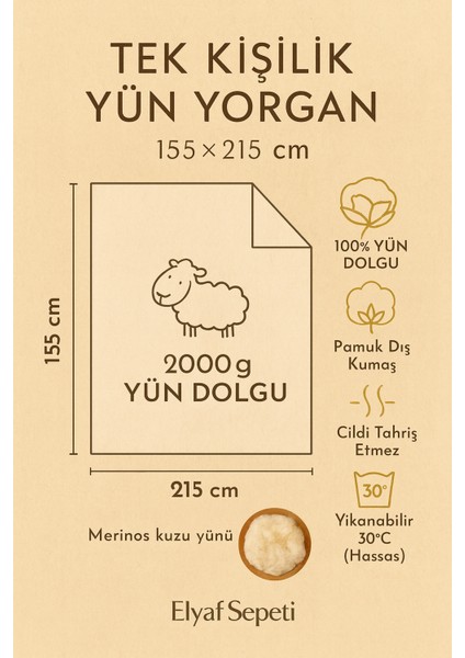 %100 Merinos Kuzu Yünü Dolgulu Tek Kişilik Yün Yorgan, 155x215 cm modelleri