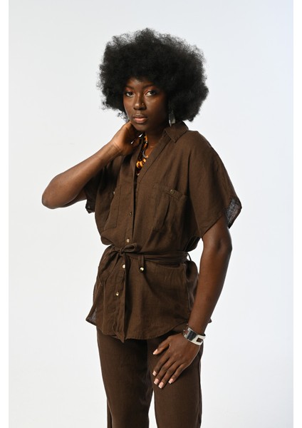 Kadın %100 Keten Kahverengi Kısa Kollu Bağcıklı Gömlek