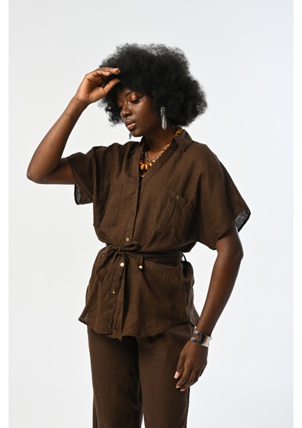 Kadın %100 Keten Kahverengi Kısa Kollu Bağcıklı Gömlek fiyatları