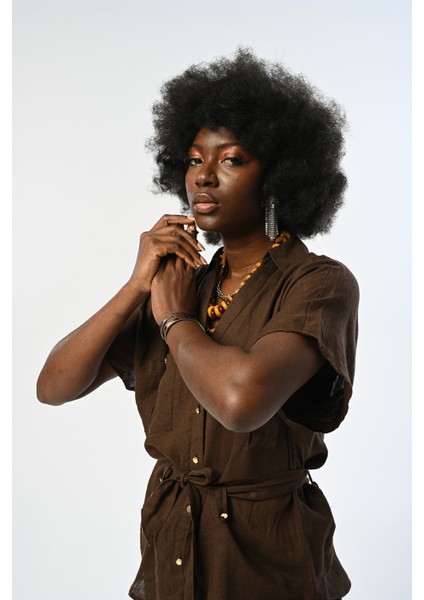 Kadın %100 Keten Kahverengi Kısa Kollu Bağcıklı Gömlek modelleri