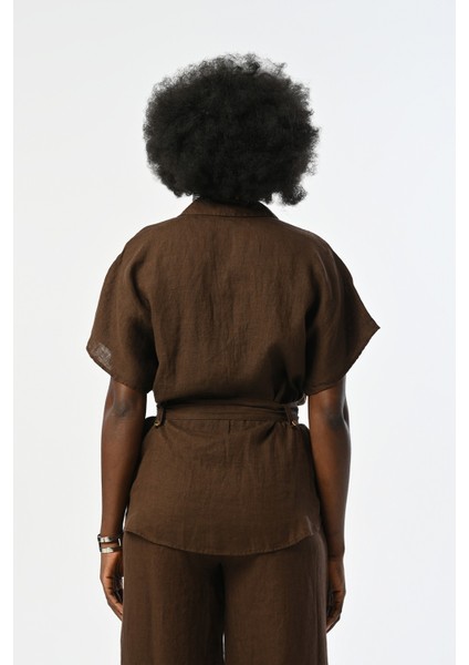 Kadın %100 Keten Kahverengi Kısa Kollu Bağcıklı Gömlek indirimleri