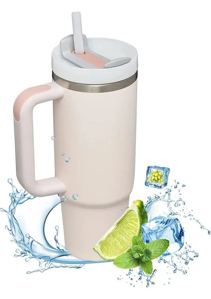 Hanlde ile Yalıtılmış Tumbler 1200ML Metal Paslanmaz Çelik Vakum Taşınabilir Saman Kupası Sıcak ve Soğuk Kahve si Için Büyük Kupa: 1000-1500ML/RENK: Gül Pembesi (Yurt Dışından)