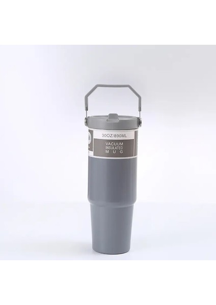 900ML Taşınabilir Araç Kupası Paslanmaz Çelik Termos Kupası Saman Seyahat Seyahat Suyu Şişesi Saplı Kapak Kahve Vakum Şişesi Kapasite: 900ML/RENK: Açık Gri (Yurt Dışından)