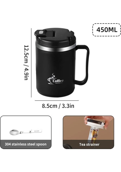 Worthbuy Çift Duvar Termal Yalıtımlı Kahve Kupası 304 Spoontea Süzgeç Sızdıran Içme Kupası ile Paslanmaz Çelik Su Kupası Kapasite: 401-500ML/RENK: Siyah 450ML (Yurt Dışından)