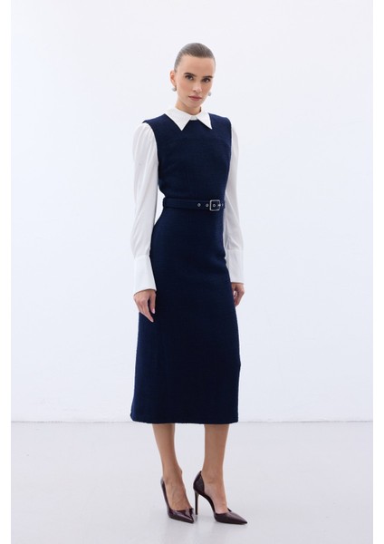 Kemerli Tüvit Elbise - Ekru