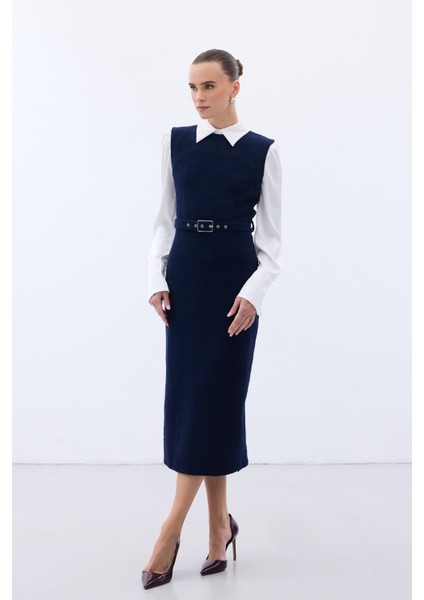 Kemerli Tüvit Elbise - Ekru fırsatları