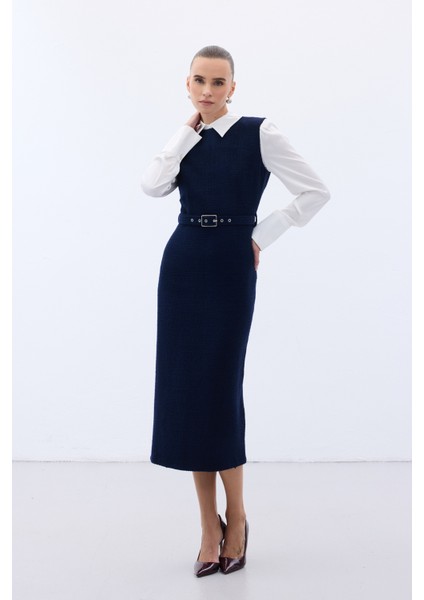 Kemerli Tüvit Elbise - Ekru indirimleri