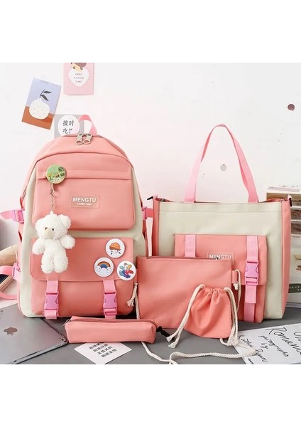 5pcs Kit Sırt Kadın Moda Bayan Kapasiteli Su Geçirmez Kolej Modaya Uygun Kızlar Dizüstü Bilgisayar Çantaları Sevimli Kız Seyahat Kitap : Pembe Set (Yurt Dışından)