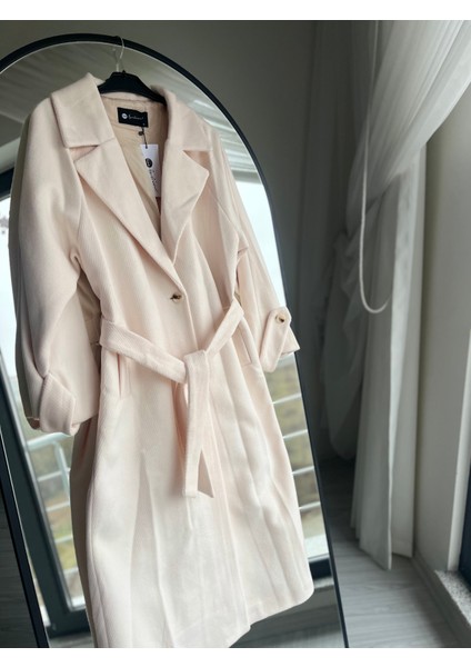 Ekru Kuşaklı Kaşe Kaban