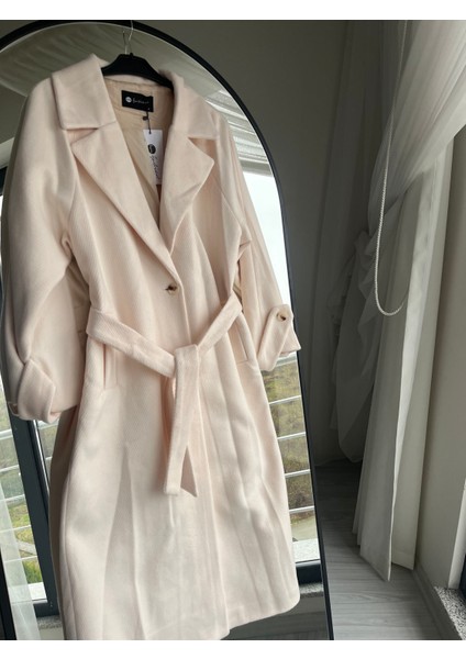 Ekru Kuşaklı Kaşe Kaban modelleri