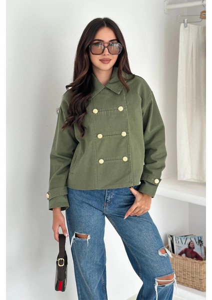 Düğme Detaylı Yağmur Gabardin Ceket Haki