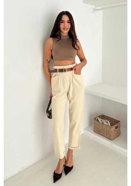 Yıkamalı Pamuk Yağmur Gabardin Yüksek Bel Pantolon Bej
