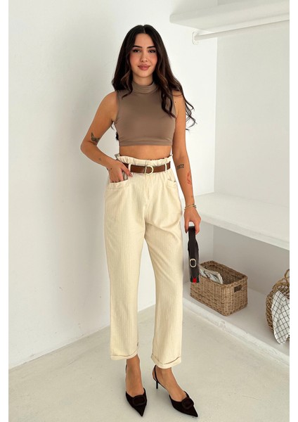 Yıkamalı Pamuk Yağmur Gabardin Yüksek Bel Pantolon Bej fiyatları