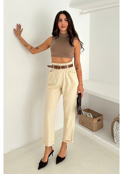 Yıkamalı Pamuk Yağmur Gabardin Yüksek Bel Pantolon Bej modelleri