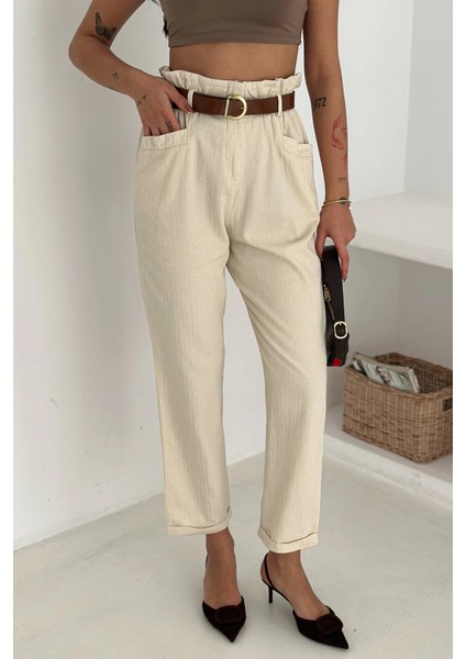 Yıkamalı Pamuk Yağmur Gabardin Yüksek Bel Pantolon Bej fırsatları