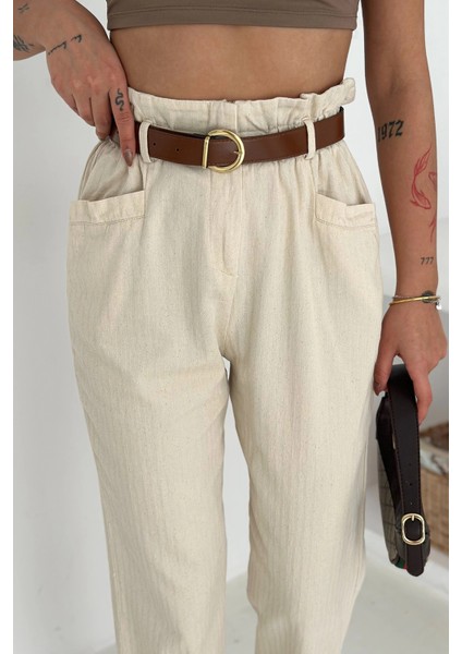Yıkamalı Pamuk Yağmur Gabardin Yüksek Bel Pantolon Bej indirimleri