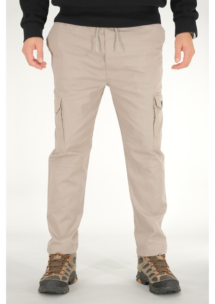 Erkek Taş Rengi Kargo Cepli Pantolon Rahat Kesim Pamuklu Lastikli Bel