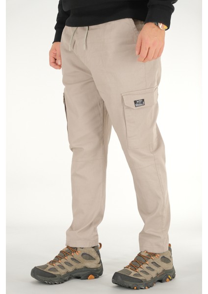 Erkek Taş Rengi Kargo Cepli Pantolon Rahat Kesim Pamuklu Lastikli Bel modelleri