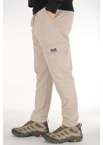 Erkek Taş Rengi Kargo Cepli Pantolon Rahat Kesim Pamuklu Lastikli Bel