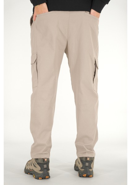 Erkek Taş Rengi Kargo Cepli Pantolon Rahat Kesim Pamuklu Lastikli Bel