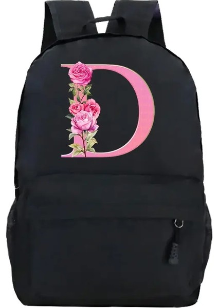 Siyah Çanta Harajuku Moda Sırt Çantası Gül Çiçek Pembe 26 Alfabe Erkek Kızlar Yürüyüş Sırt Çantası Alfabesi Çiçek Yüksek Sokak Sırt Çantası Renk: Bk-4 (Yurt Dışından)