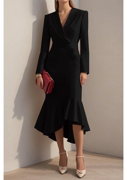 Kadın Uzun Kollu Yakalı Belden Oturtmalı Midi Ithal Krep Elbise