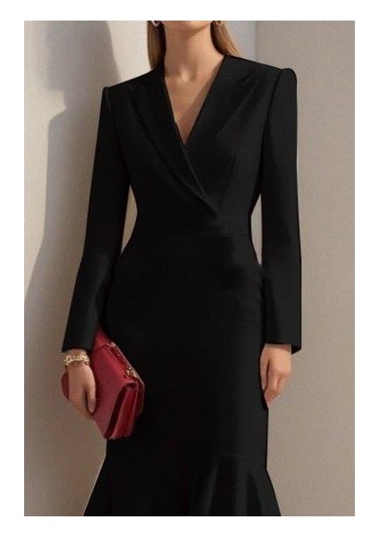 Kadın Uzun Kollu Yakalı Belden Oturtmalı Midi Ithal Krep Elbise fiyatları