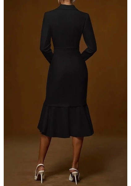 Kadın Uzun Kollu Yakalı Belden Oturtmalı Midi Ithal Krep Elbise fırsatları