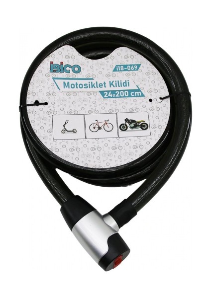 Anahtarlı Metal Kaplama Kafaçek-It Kilit Kapakmotor - Bisiklet Kilit Çelik Telsiyah Şeffaf KILIF24MMX200CM (5324)