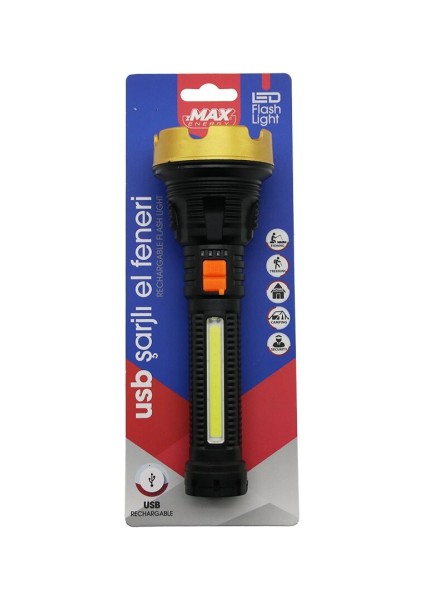 ORTA=19CM 2in1= Osl LED - Cob LED USB Şarjlı El Feneri 3-Kademe Işık - Flaşör Şarj Gösterge (5324)