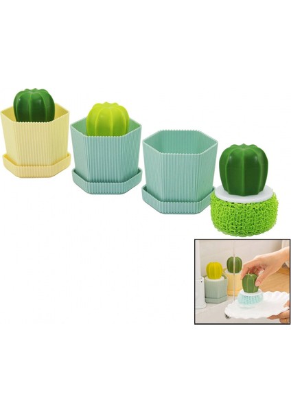 Kaktüs Model Saplı Sert - Renkli Plastik Tel Bulaşık Fırçası Renkli Plastik Tabaklı Hazne (5324)