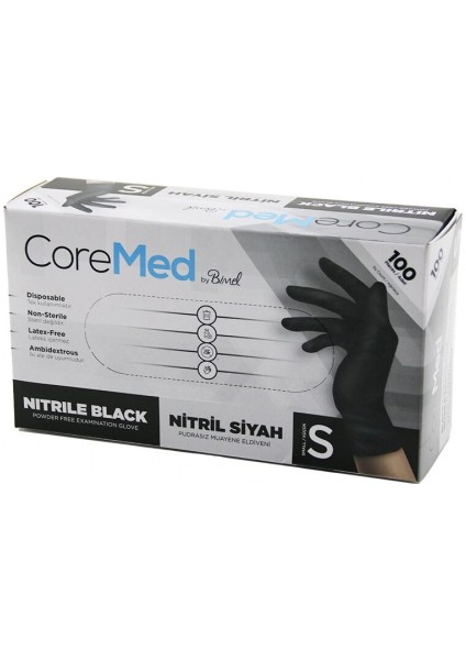 S Beden Siyah Pudrasız Nitril Muayene Eldiveni 100LÜ (5324)